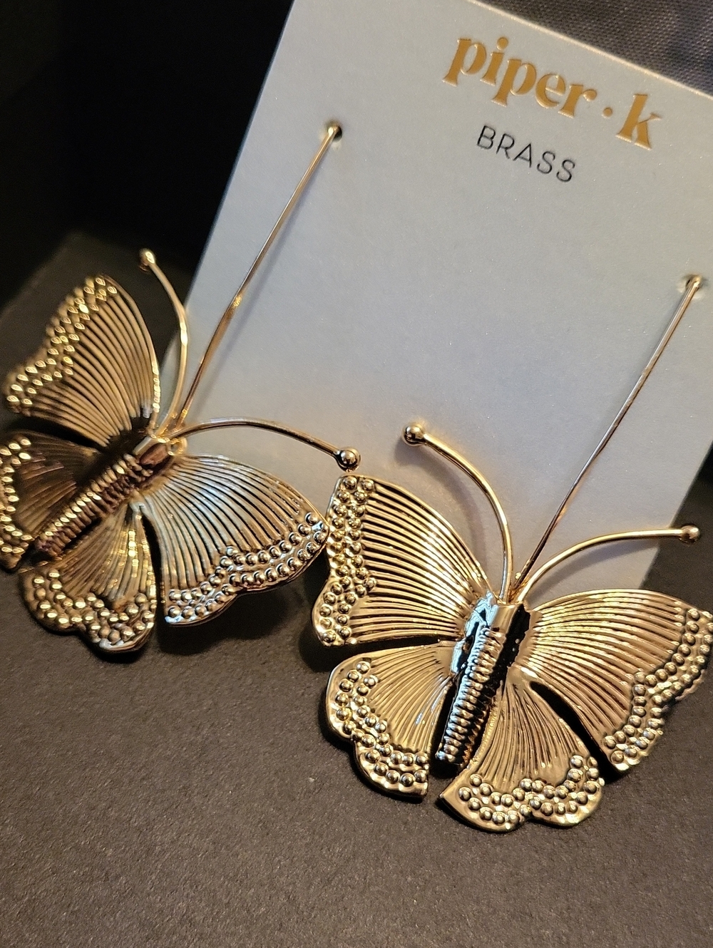 Piper K Brass Butterfly Drop Earrings - LITE Gold TONED rt Th